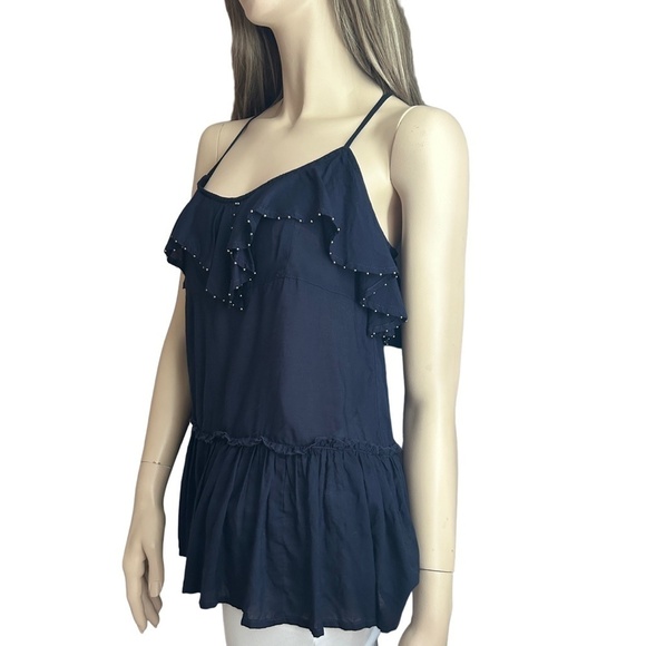 Free People Navy 100% Rayon Peplum Boho Top Tank Shirt Blouse Ruffles Metal XS-S - Picture 4 of 12